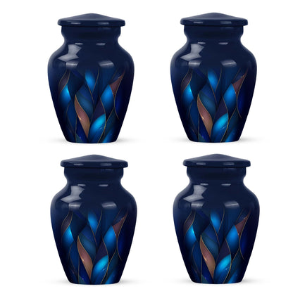 Indigo Blue Cremation Urn side profile showing urn shape - timeless blue motif etched into premium metal - 10 inch aluminum urn for cremated remains