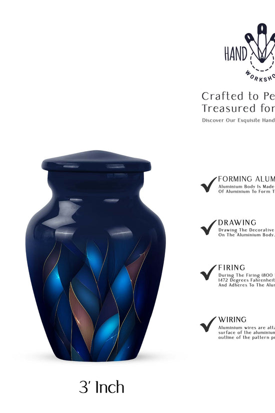 Serene Blue Blue Cremation Urn close-up of engraving and surface detail - elegant classic blue relief with fine detailing - mini keepsake memorial for portion of cremation ashes