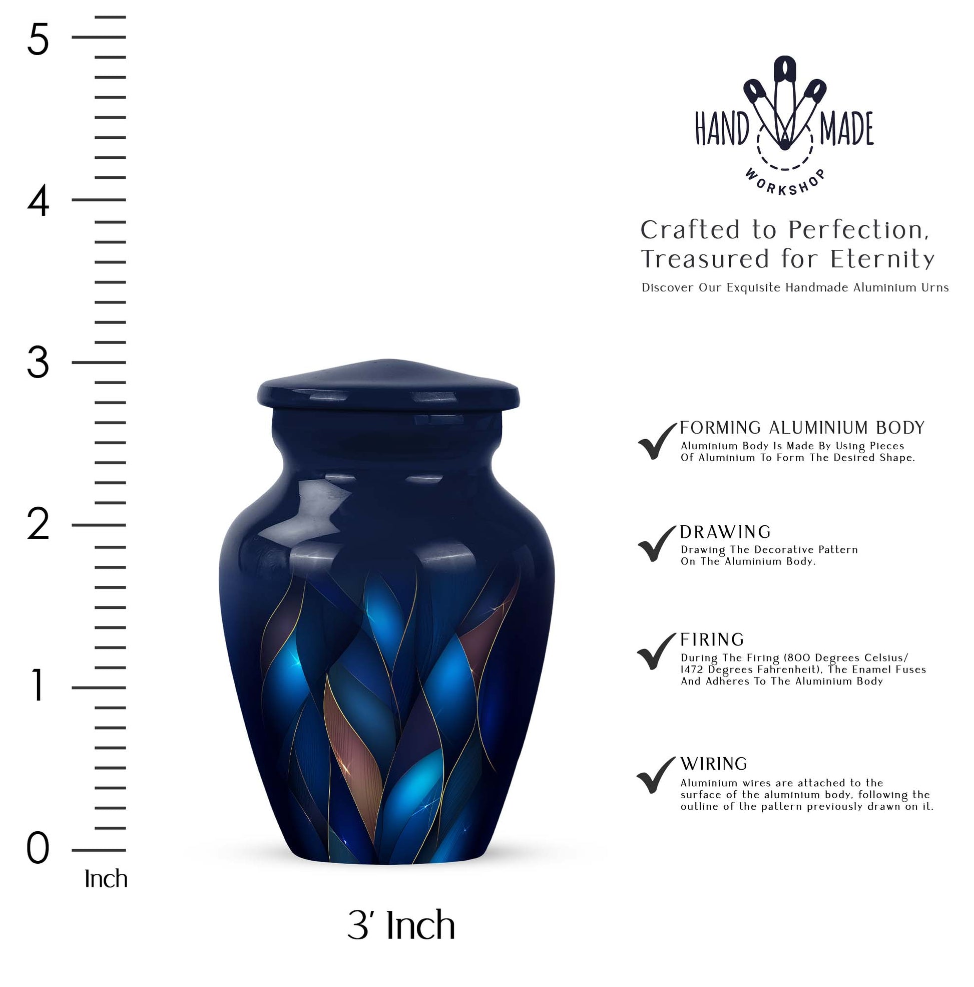Serene Blue Blue Cremation Urn close-up of engraving and surface detail - elegant classic blue relief with fine detailing - mini keepsake memorial for portion of cremation ashes