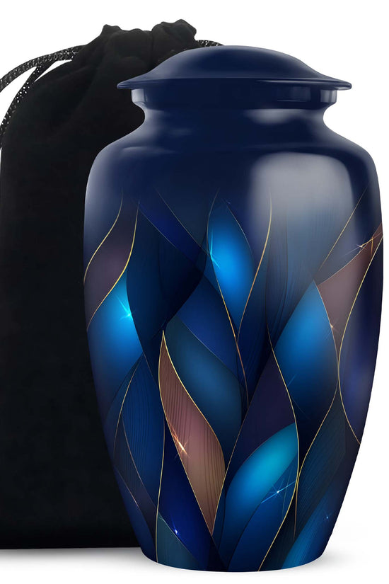 Steel Blue Blue Cremation Urn angled view of lid and engraved motif - elegant classic blue relief with fine detailing - full-size 10 inch 200 cubic inch adult cremation urn