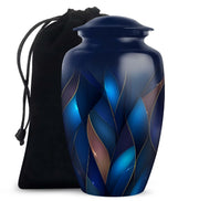 Steel Blue Blue Cremation Urn angled view of lid and engraved motif - elegant classic blue relief with fine detailing - full-size 10 inch 200 cubic inch adult cremation urn