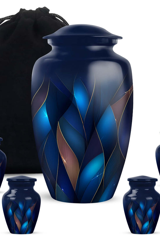 Indigo Blue Cremation Urn top-down view of secure threaded lid - classic sculpted blue pattern on smooth aluminum - memorial set with one large and four small urns