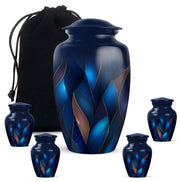 Indigo Blue Cremation Urn top-down view of secure threaded lid - classic sculpted blue pattern on smooth aluminum - memorial set with one large and four small urns