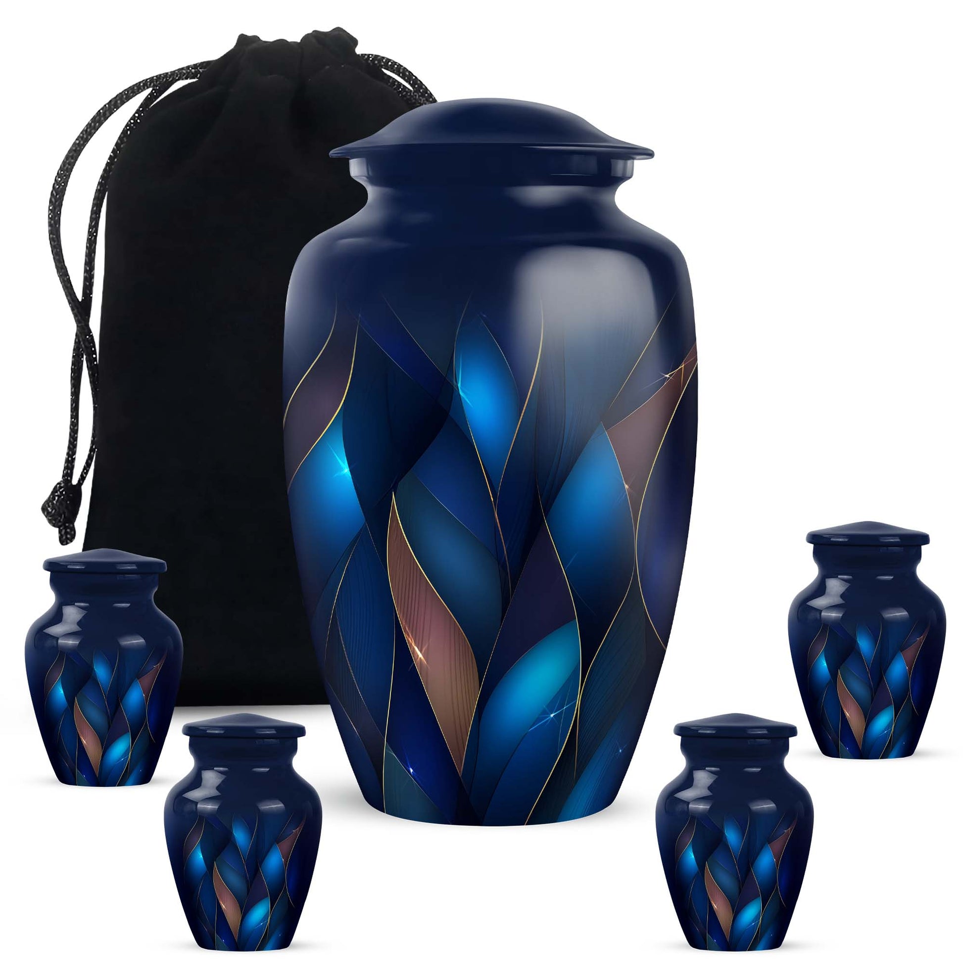 Indigo Blue Cremation Urn top-down view of secure threaded lid - classic sculpted blue pattern on smooth aluminum - memorial set with one large and four small urns