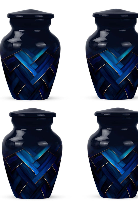 Powder Blue Blue Cremation Urn side profile showing urn shape - classic sculpted blue pattern on smooth aluminum - 10 inch aluminum urn for cremated remains