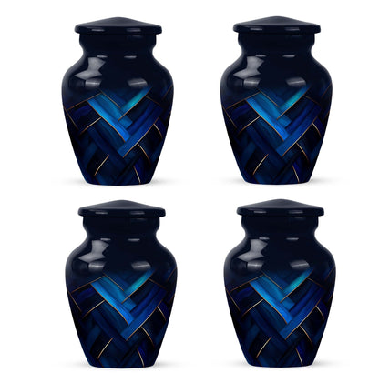 Powder Blue Blue Cremation Urn side profile showing urn shape - classic sculpted blue pattern on smooth aluminum - 10 inch aluminum urn for cremated remains
