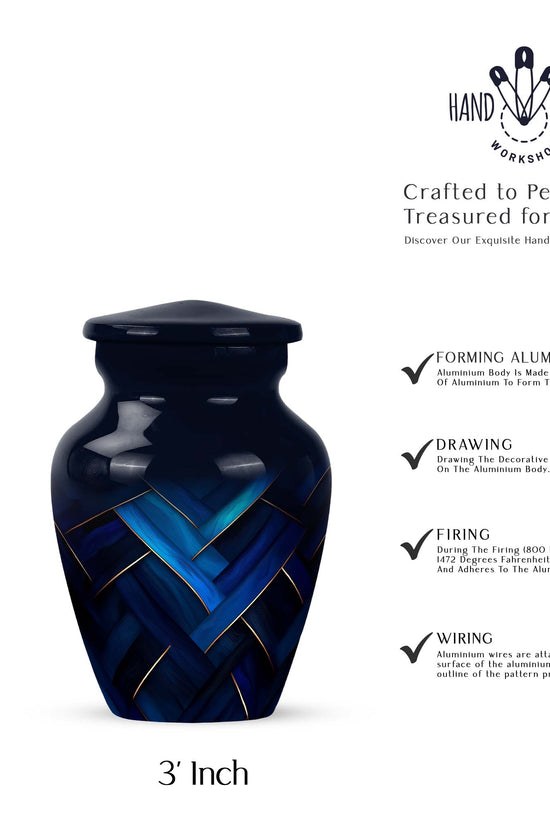Cornflower Blue Blue Cremation Urn close-up of engraving and surface detail - elegant classic blue relief with fine detailing - mini keepsake memorial for portion of cremation ashes