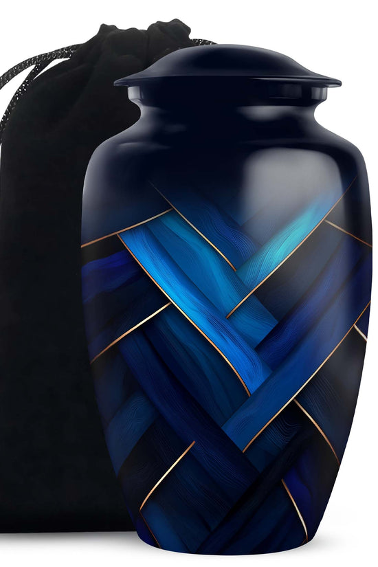 Celestial Blue Blue Cremation Urn angled view of lid and engraved motif - classic sculpted blue pattern on smooth aluminum - full-size 10 inch 200 cubic inch adult cremation urn