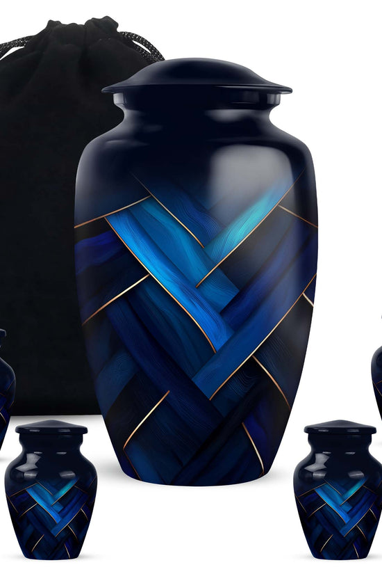 Indigo Blue Cremation Urn top-down view of secure threaded lid - classic sculpted blue pattern on smooth aluminum - memorial set with one large and four small urns
