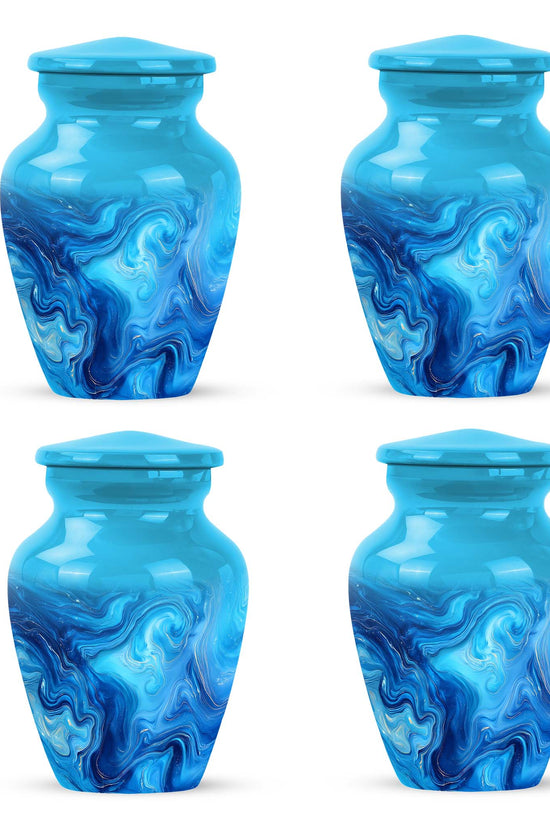 Mystic Teal Blue Cremation Urn side profile showing urn shape - elegant classic blue relief with fine detailing - 10 inch aluminum urn for cremated remains