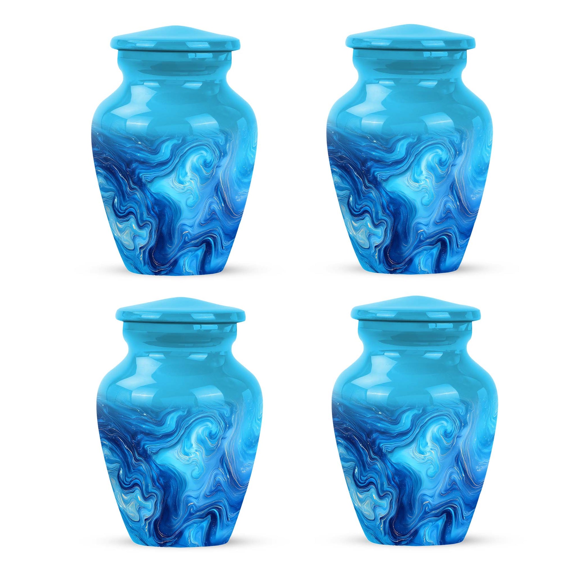 Mystic Teal Blue Cremation Urn side profile showing urn shape - elegant classic blue relief with fine detailing - 10 inch aluminum urn for cremated remains