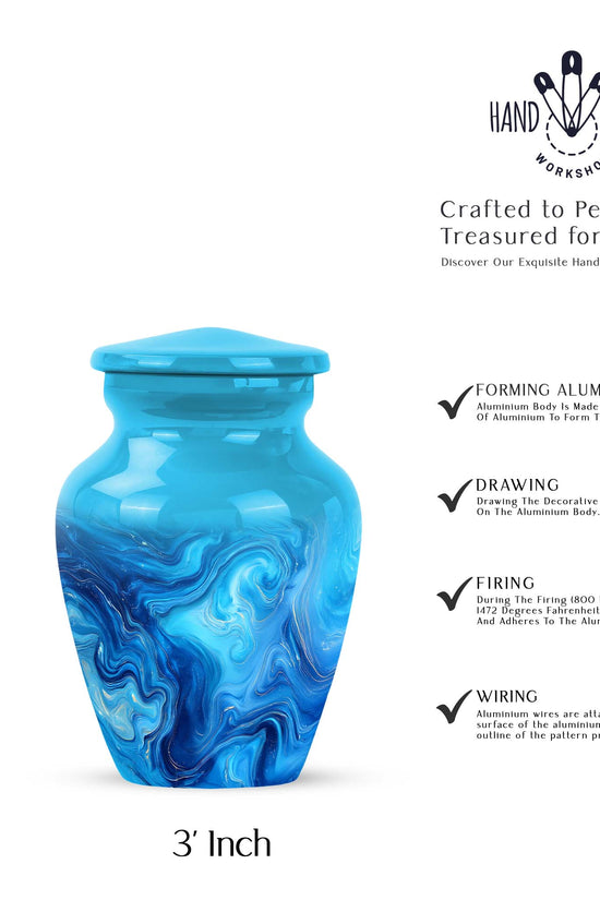 Mystic Teal Blue Cremation Urn close-up of engraving and surface detail - elegant classic blue relief with fine detailing - mini keepsake memorial for portion of cremation ashes