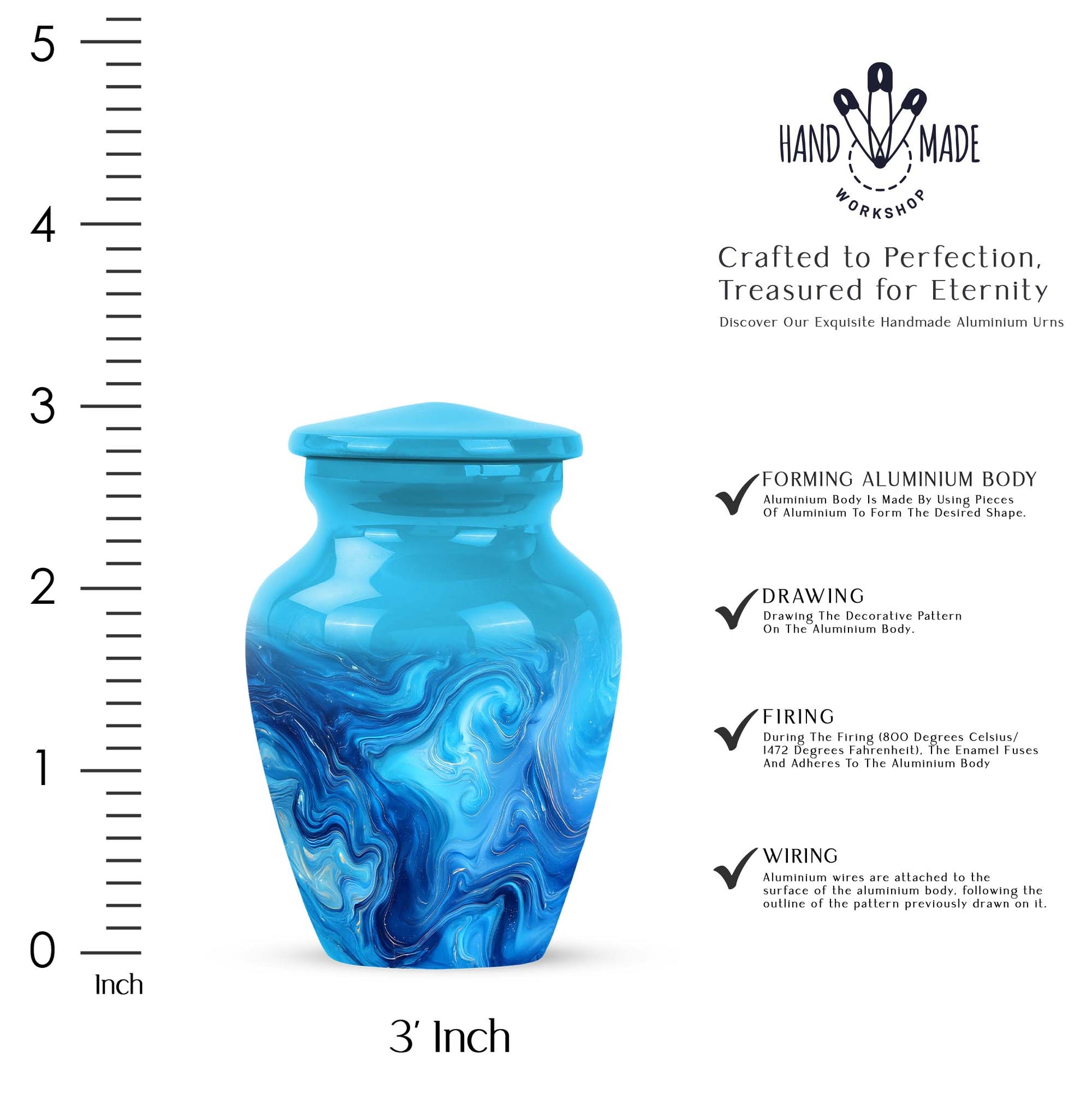 Mystic Teal Blue Cremation Urn close-up of engraving and surface detail - elegant classic blue relief with fine detailing - mini keepsake memorial for portion of cremation ashes