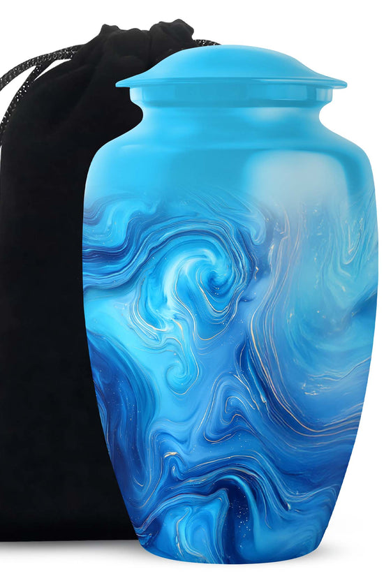 Mystic Teal Blue Cremation Urn angled view of lid and engraved motif - elegant classic blue relief with fine detailing - full-size 10 inch 200 cubic inch adult cremation urn