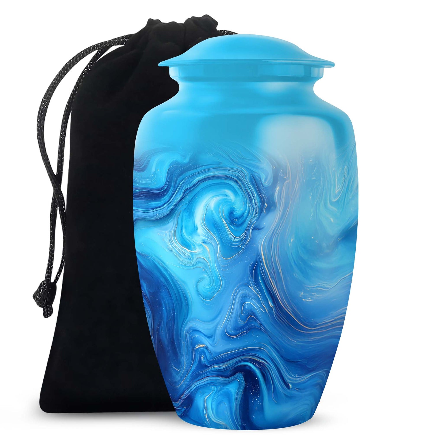 Mystic Teal Blue Cremation Urn angled view of lid and engraved motif - elegant classic blue relief with fine detailing - full-size 10 inch 200 cubic inch adult cremation urn
