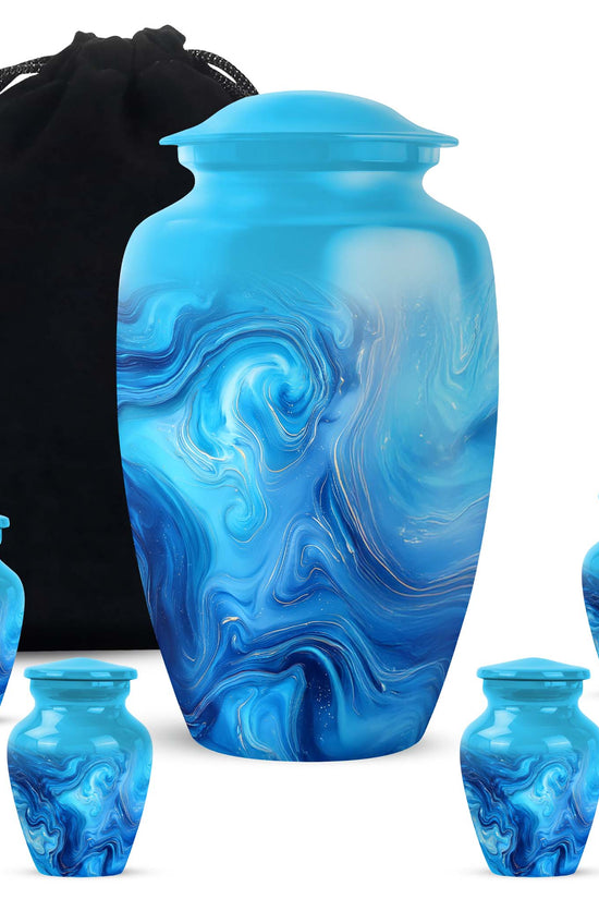 Mystic Teal Blue Cremation Urn top-down view of secure threaded lid - traditional blue engraving with hand-polished finish - memorial set with one large and four small urns
