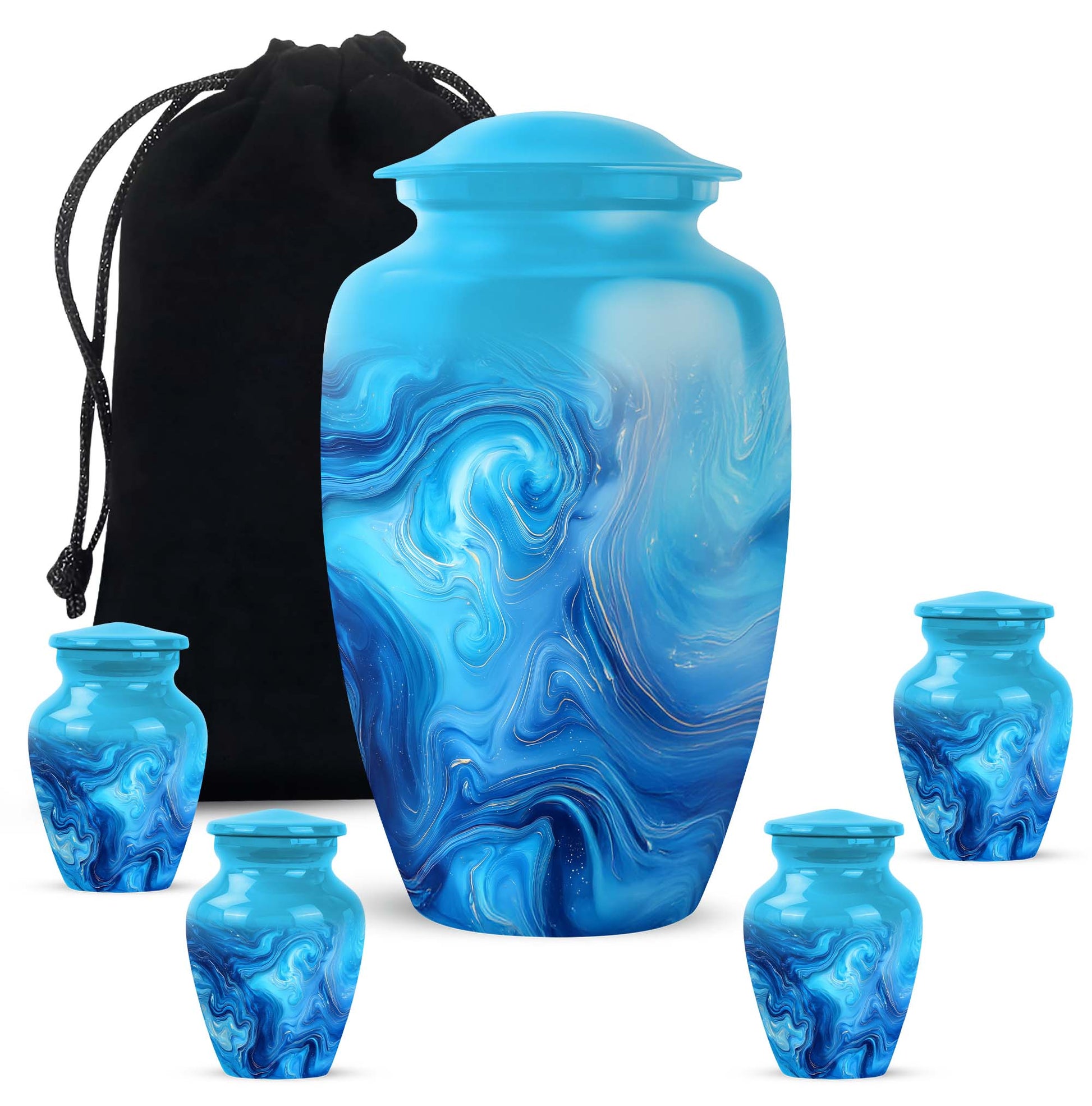 Mystic Teal Blue Cremation Urn top-down view of secure threaded lid - traditional blue engraving with hand-polished finish - memorial set with one large and four small urns