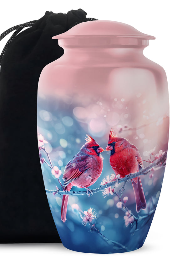 Cardinal Bird Pair Urn For Couples - Cherry Blossoms Memorial Urn