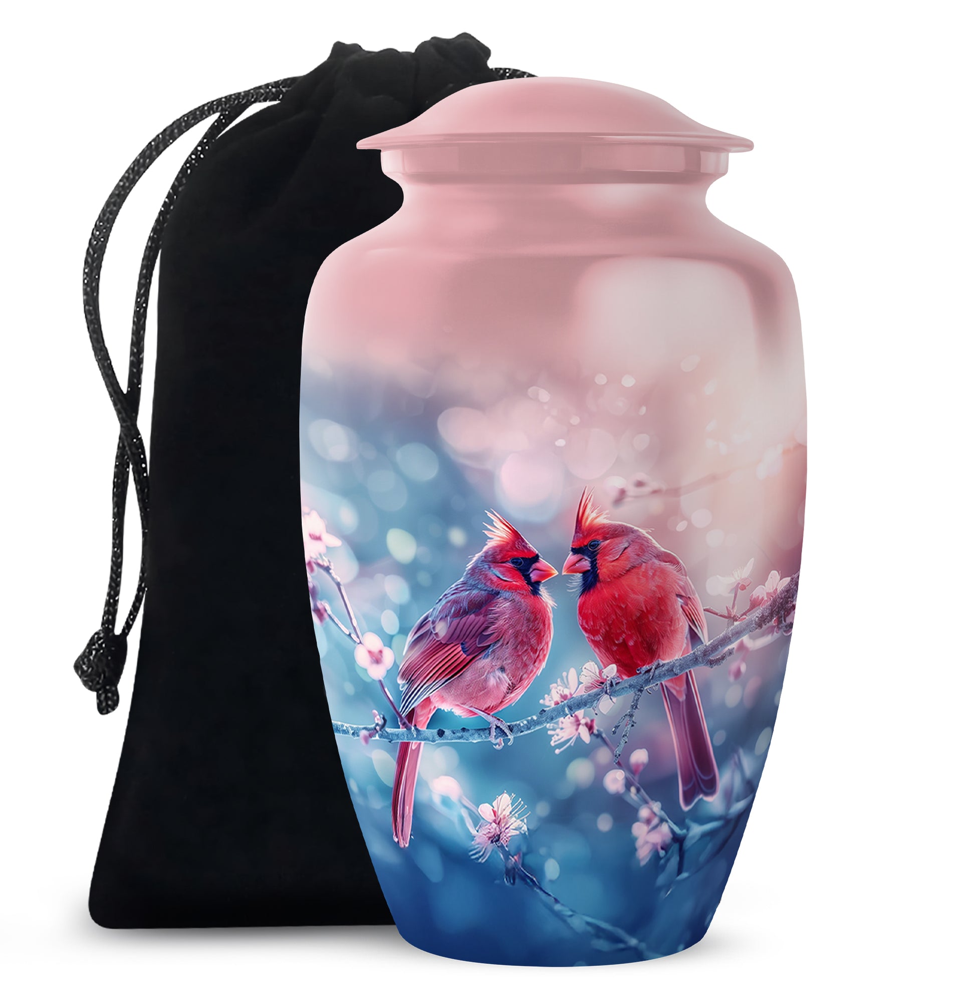 Cardinal Bird Pair Urn For Couples - Cherry Blossoms Memorial Urn