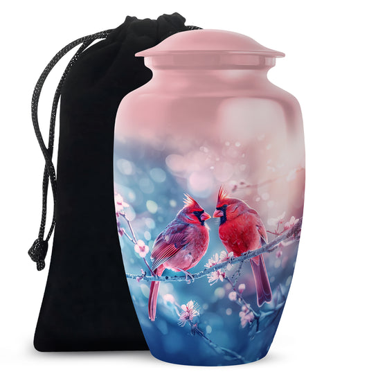 Cardinal Bird Pair Urn For Couples - Cherry Blossoms Memorial Urn