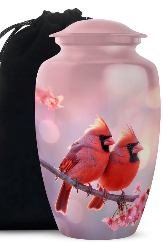 Red Cardinal Bird Pair Urn For Women - Pink Blossoms Urn For Funeral