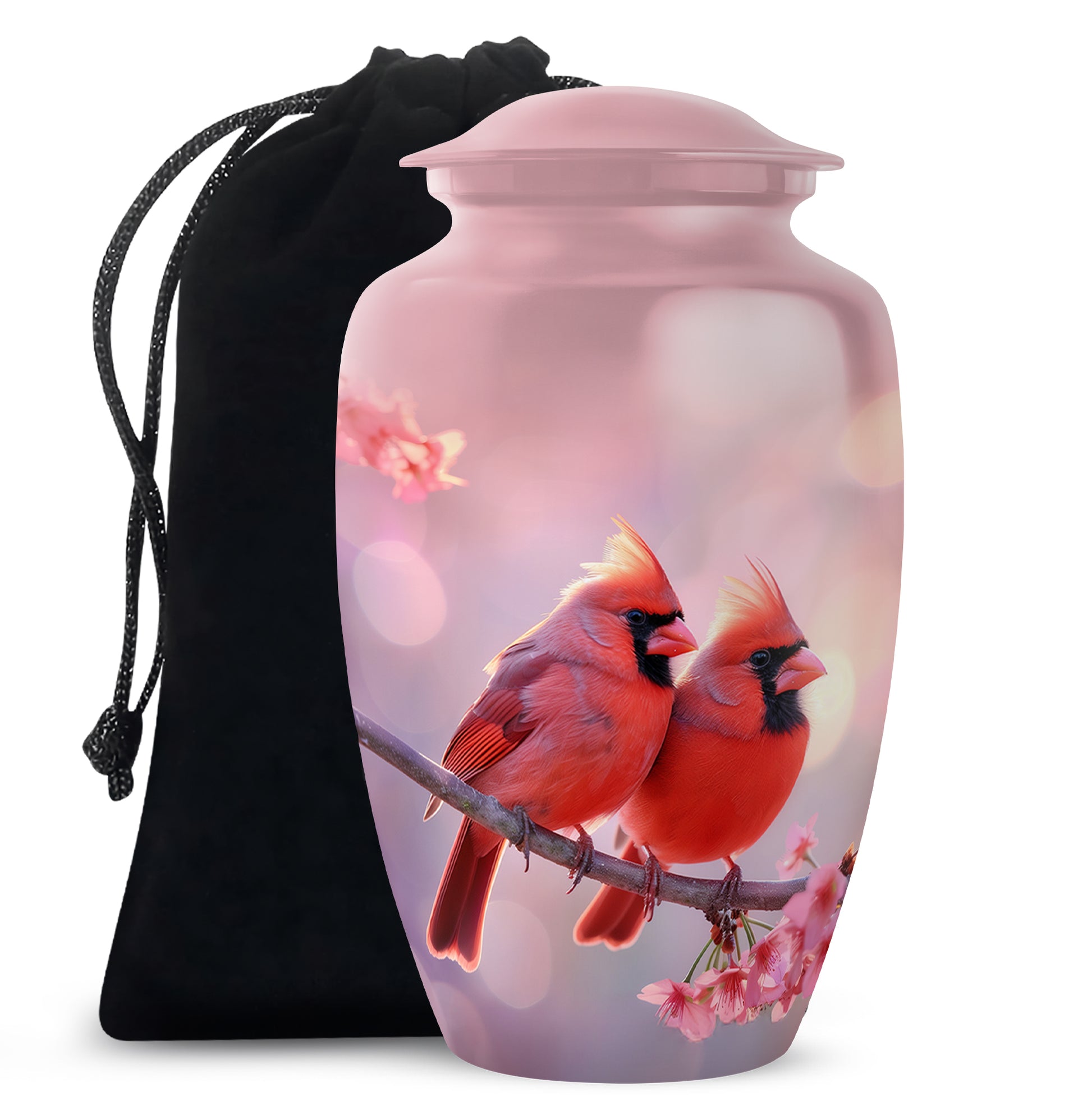 Red Cardinal Bird Pair Urn For Women - Pink Blossoms Urn For Funeral