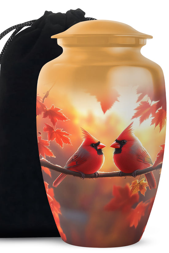 Orange Bird Urn For Men - Cardinal Birds Pair Urn For Memorial