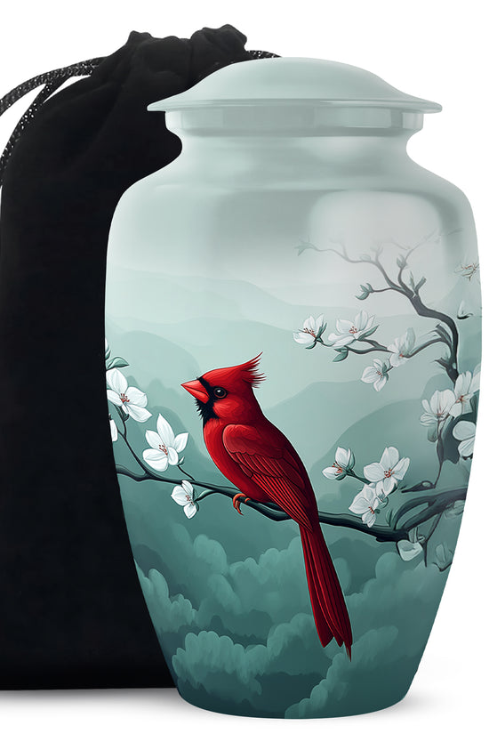 Cardinal Bird Memorial Urn - White Cherry Blossom Urn For Male & Female