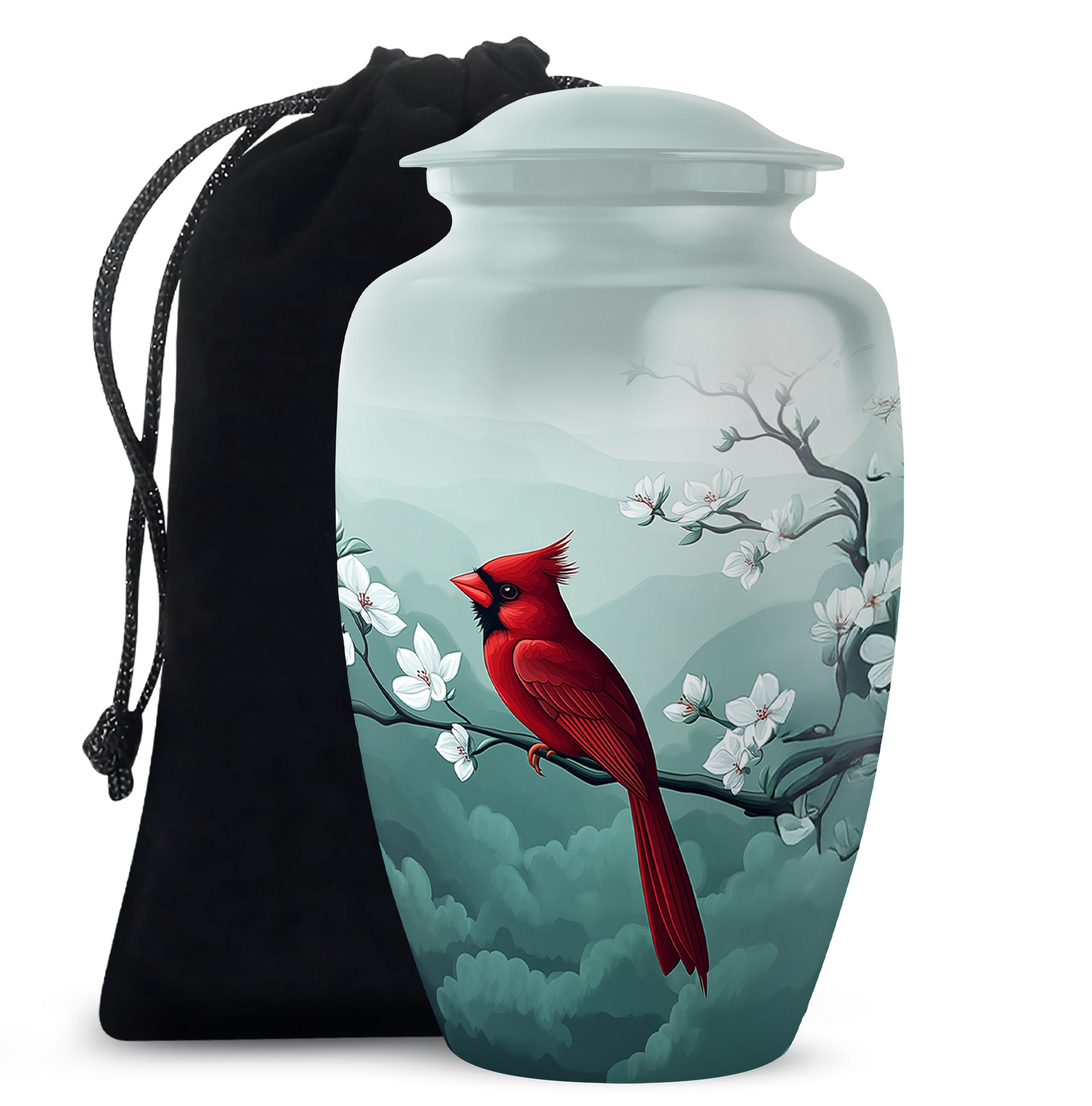Cardinal Bird Memorial Urn - White Cherry Blossom Urn For Male & Female