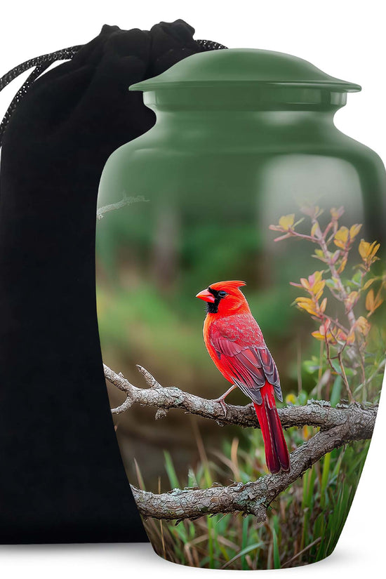Forest Cardinal Funeral Urn - Green Aluminum Cremation Urn For Loved Ones