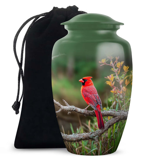 Forest Cardinal Funeral Urn - Green Aluminum Cremation Urn For Loved Ones