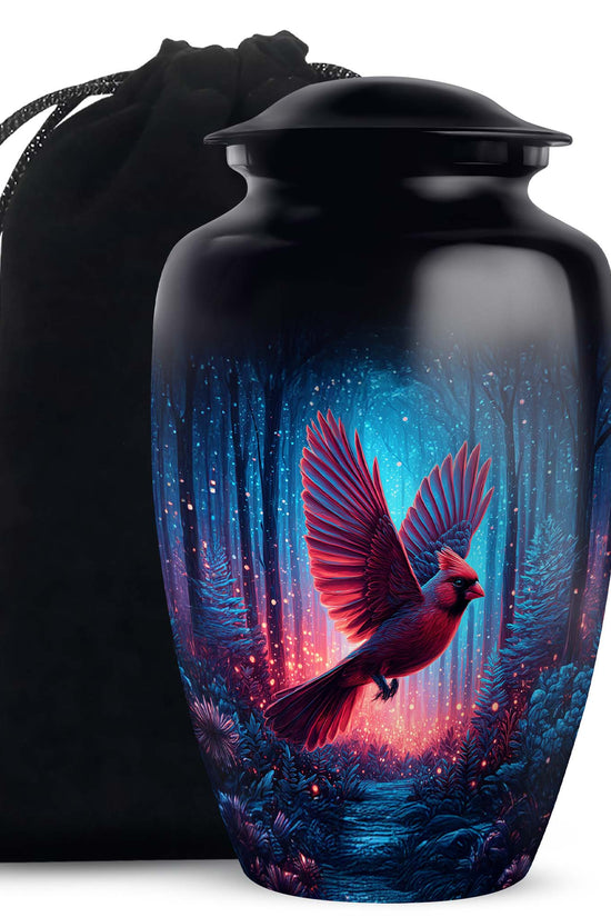 Forest Cardinal Bird Theme Funeral Urn - Black Large Aluminium Urn For Ashes