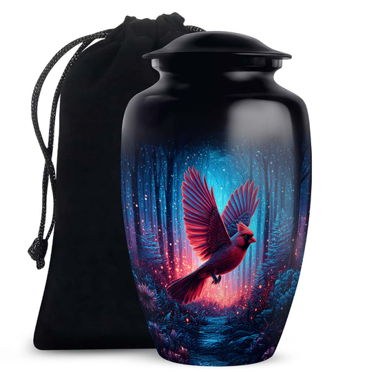 Forest Cardinal Bird Theme Funeral Urn - Black Large Aluminium Urn For Ashes