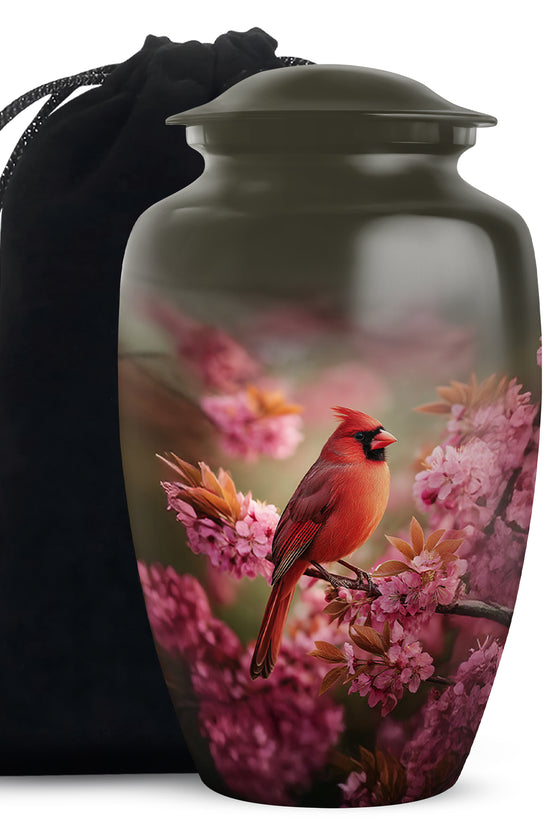 Pink Floral Cardinal Cremation Urn - Decorative Memorial Urn For Burial