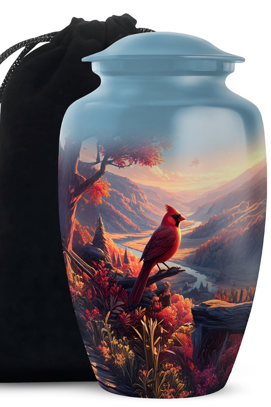 Beautiful Red Cardinal Bird Memorial Urn - Beautiful Scenic Mountain Funeral Urn For Ashes