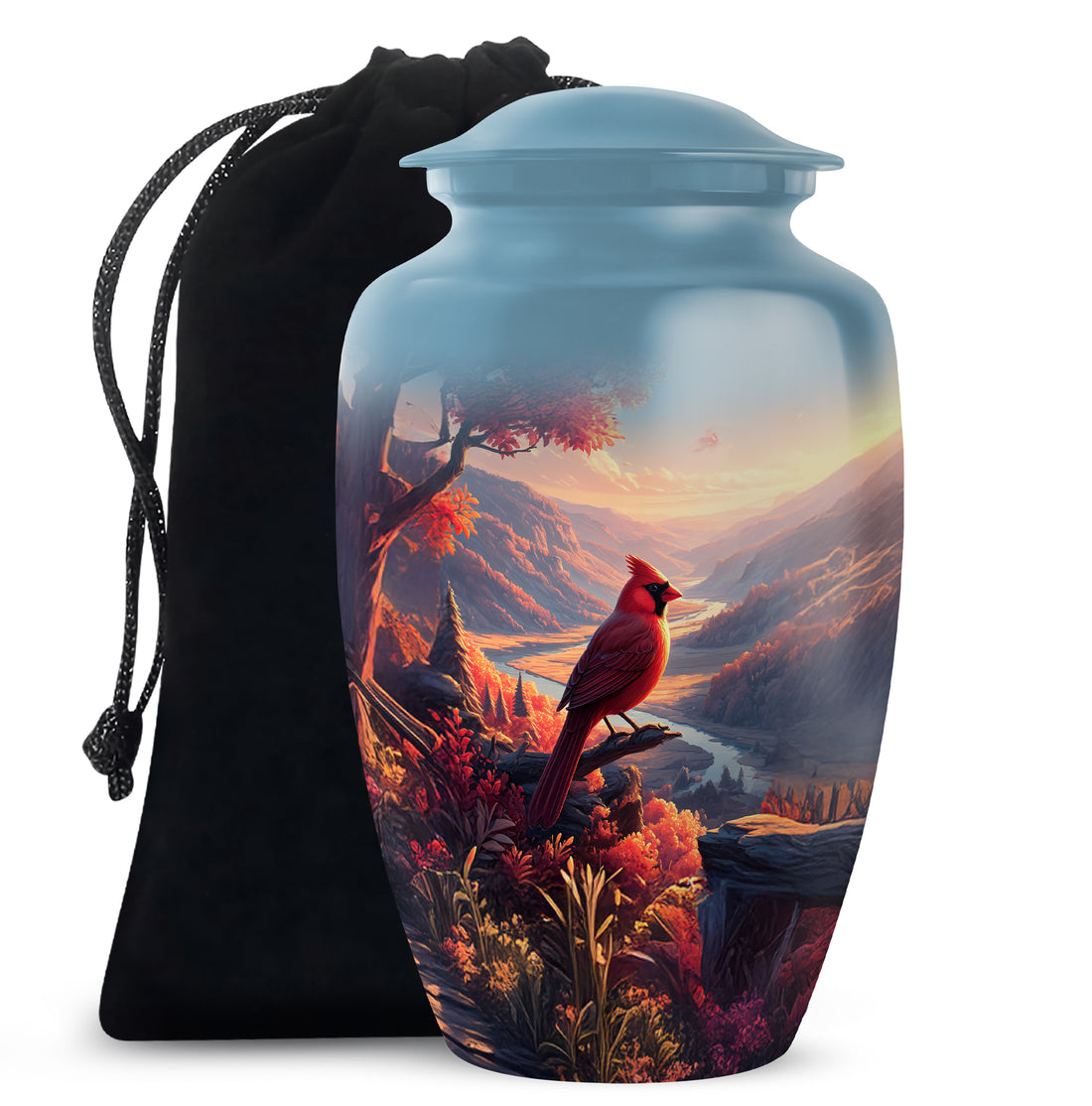 Beautiful Red Cardinal Bird Memorial Urn - Beautiful Scenic Mountain Funeral Urn For Ashes