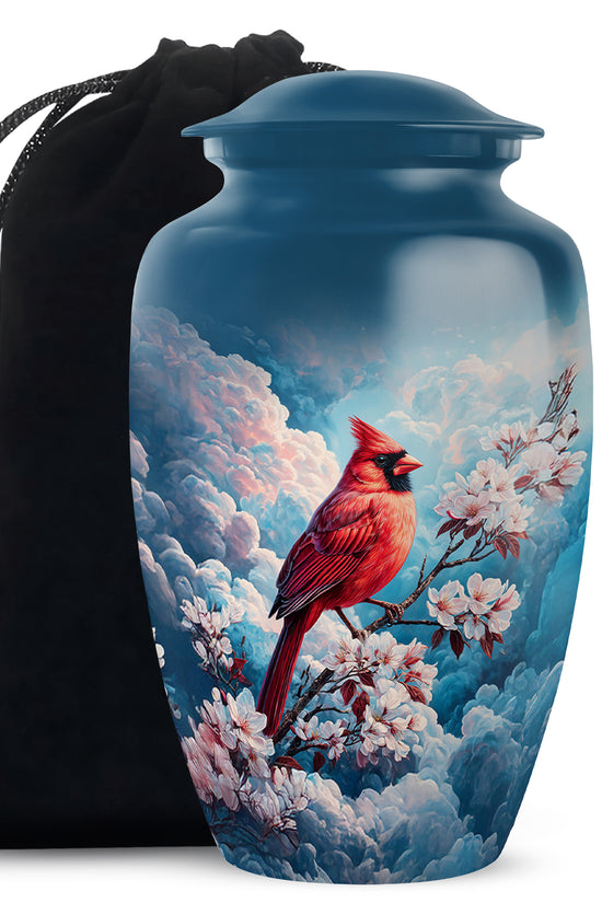 Red Cardinal Bird Cremation Urn - Beautiful Cherry Blossom Funeral Urn For Burial