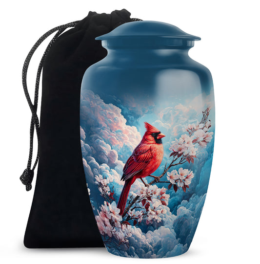 Red Cardinal Bird Cremation Urn - Beautiful Cherry Blossom Funeral Urn For Burial