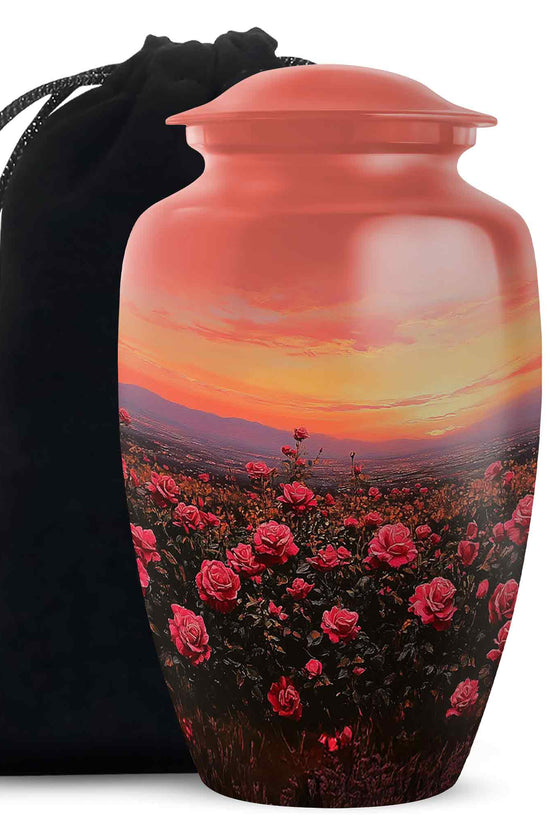 Red Rose Field Cremation Urn - Sunset Funeral Urn For Human Ashes