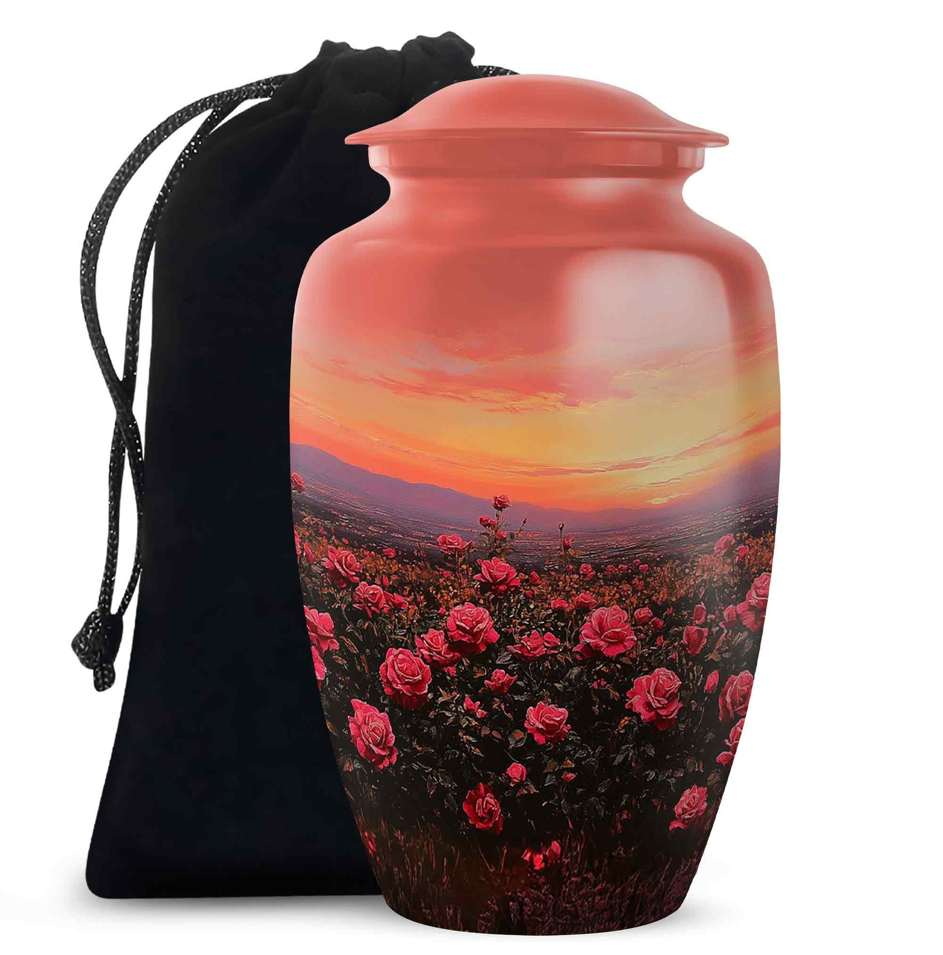 Red Rose Field Cremation Urn - Sunset Funeral Urn For Human Ashes