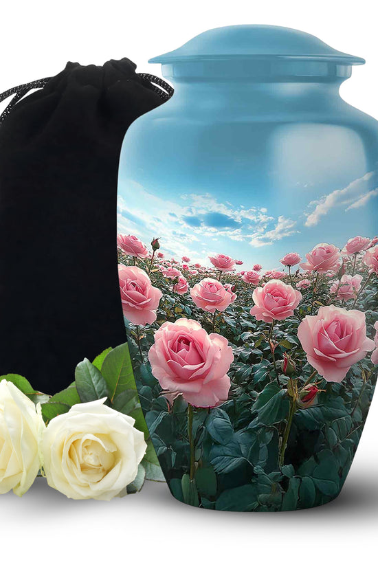 Pink Rose Field Memorial Urn - Blue Sky Cremation Urn For Loved Ones