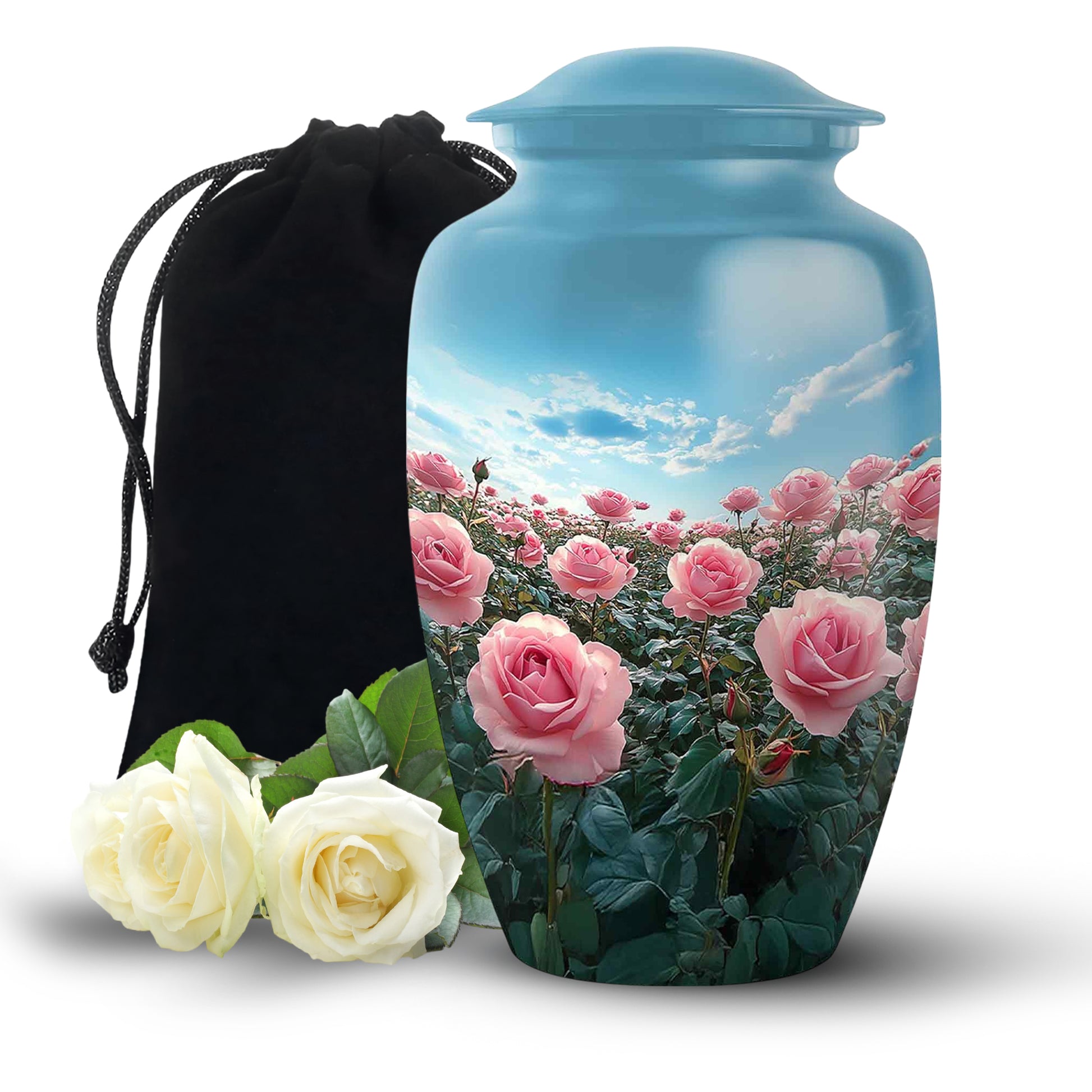 Pink Rose Field Memorial Urn - Blue Sky Cremation Urn For Loved Ones