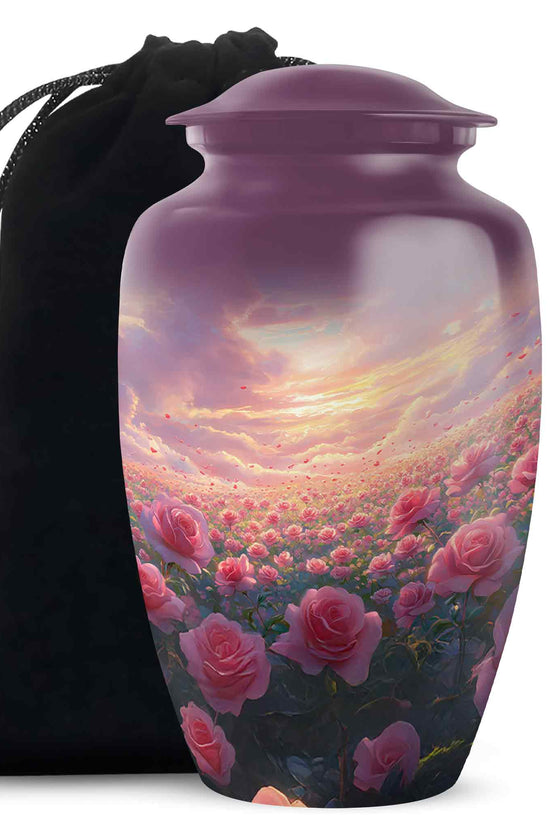 Pink Rose Landscape Memorial Urn - Beautiful Sunset Cremation Urn For Human Ashes