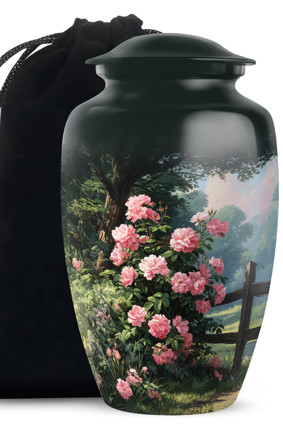 Pink Rose Garden Cremation Urn - Floral Memorial Urn For Female