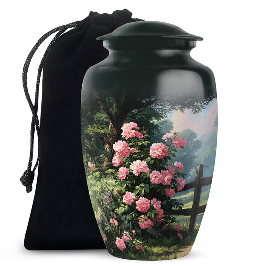 Pink Rose Garden Cremation Urn - Floral Memorial Urn For Female