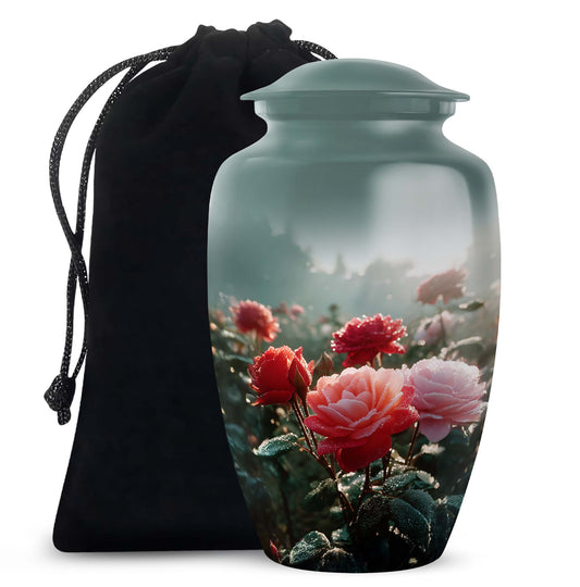 Pink & Red Roses Memorial Urn - Beautiful Cremation Urn For Burial