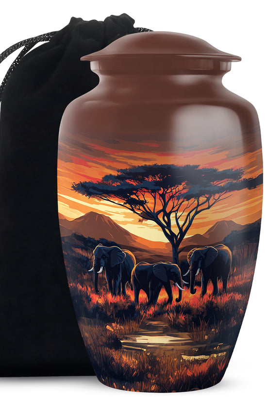 Elephant Family Urn for Ashes - Sunset Jungle Cremation Urn For Dad & Mom