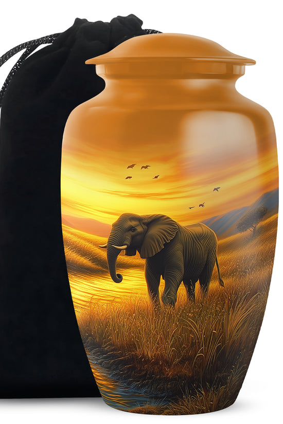 Elephant Tribute Cremation Urn – Sunset Landscape Memorial Urn for Dad & Mom
