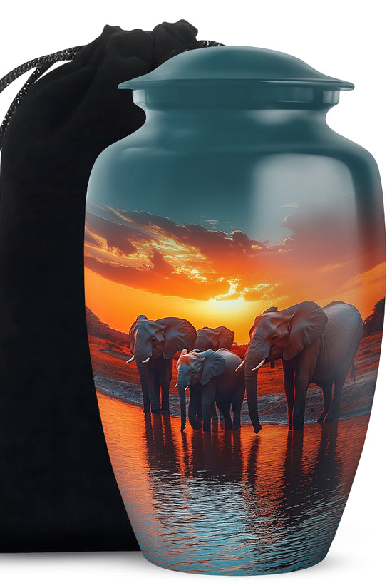 Elephant Family Creamation Urn - Beautiful Sunset Funeral Urn For Loved Ones