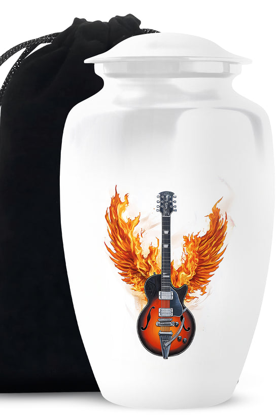 White flaming Guitar Urn - Beautiful Cremation Urns For Human Ashes